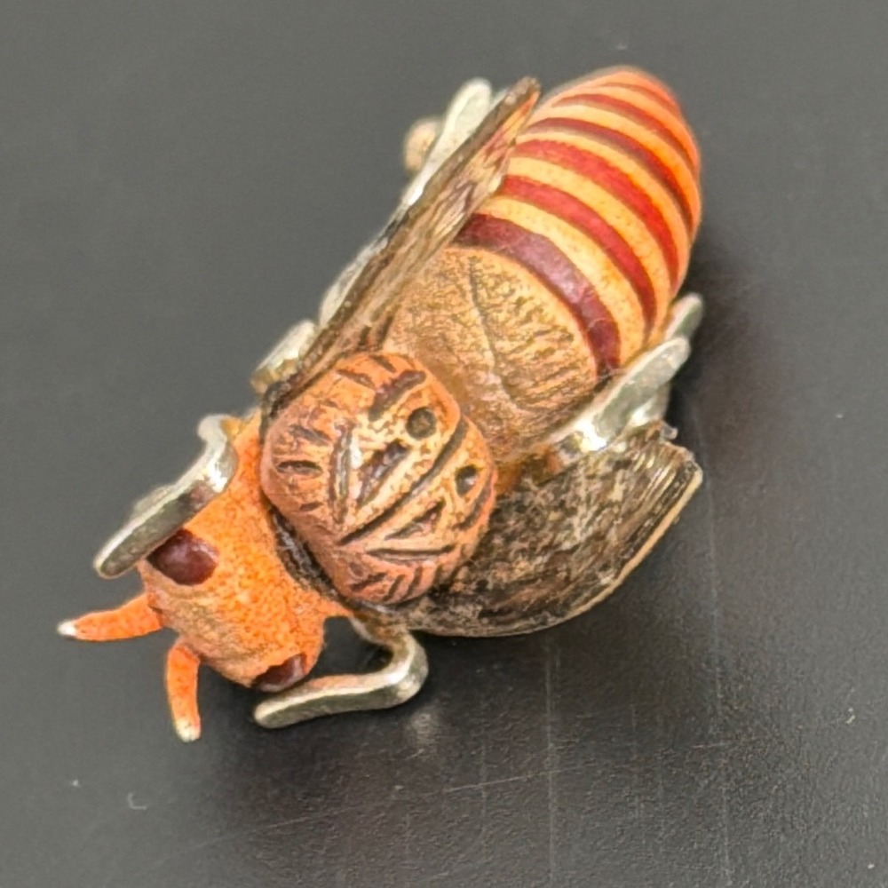 Vintage Enamel Bee Hornet Insect Brooch Silver Orange Red Striped Pin Korea